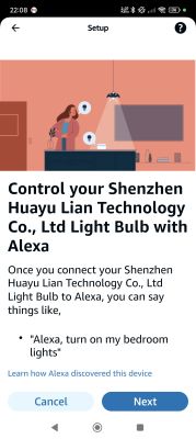 App screen with instructions for connecting a Shenzhen Huayu Lian Technology Co., Ltd smart bulb to Alexa, with an illustration of a woman in a room and bulb icons.