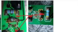 Dwa zdjęcia ukazujące elementy elektroniczne na płytkach drukowanych, z czerwonymi liniami oznaczającymi komponenty, w tym rezystory. Na jednym zdjęciu opisy są czarne, a na drugim białe.