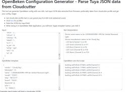 Screenshot of the OpenBeken Configuration Generator for parsing Tuya JSON data.