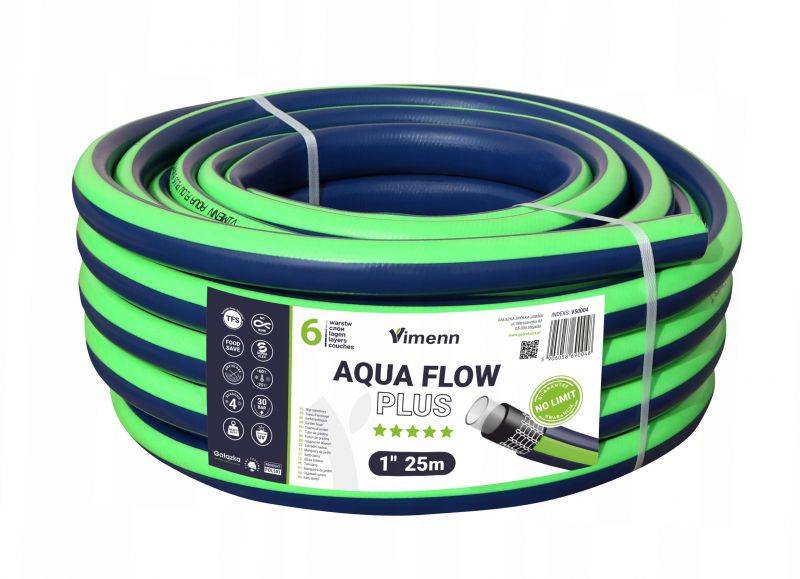 Zielono-niebieski wąż ogrodowy marki Vimenna Aqua Flow Plus o długości 25 metrów i średnicy 1 cala.