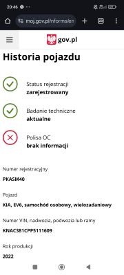 Ekran z historią pojazdu KIA EV6 z portalu gov.pl
