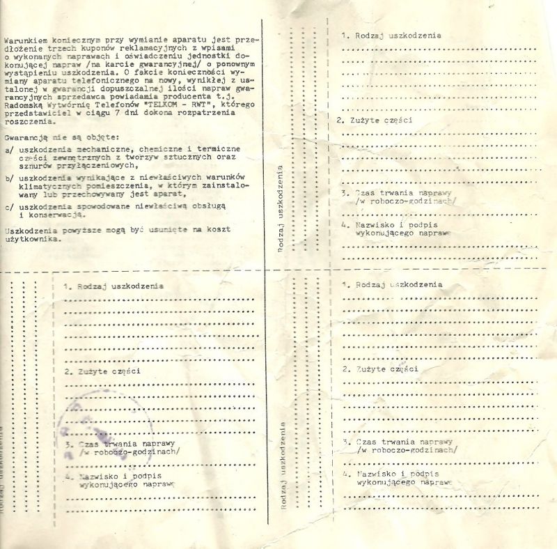 Drukowany formularz reklamacyjny z tekstem dotyczącym gwarancji i napraw.