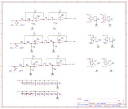 Schemat blokowy filtrów dolnoprzepustowych opartych na wzmacniaczach operacyjnych z trzema torami sygnałowymi i sekcją zasilania.