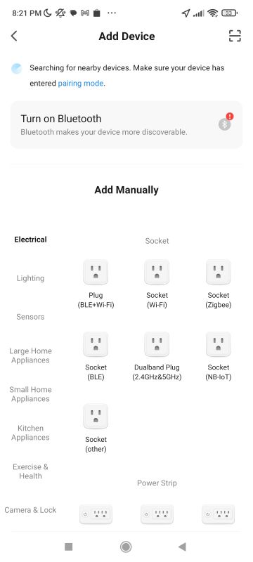 Device Addition Screen in Mobile App Device addition screen with various socket options available.