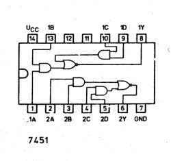 Logic diagram of IC 7451 with labeled pins, including VCC and GND, and internal gate connections.