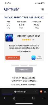 Wynik testu SpeedTest z sieci Orange Mobile: ping 20 ms, pobieranie 5,93 Mb/s, wysyłanie 0,29 Mb/s.