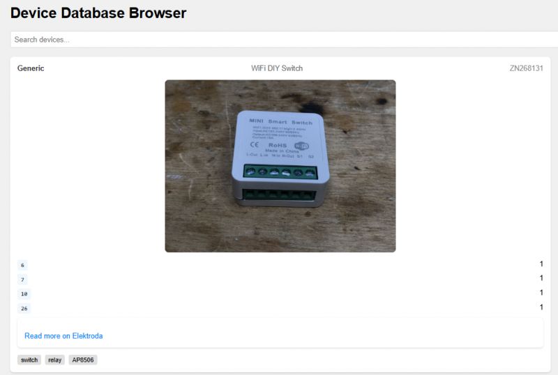 Device Database Browser Device Database Browser interface displaying information about the WiFi DIY Switch.