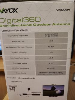 Pudełko anteny zewnętrznej Vayox Digital360 z danymi technicznymi.