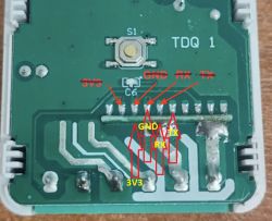PCB close-up with S1 button and labeled 3V3, GND, RX, TX pins marked by red arrows