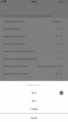 HY609-WE Thermostat Program Type Settings Screen HY609-WE thermostat app settings screen with program type options.
