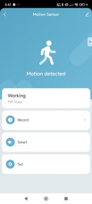 Motion sensor app screen indicating Motion detected.
