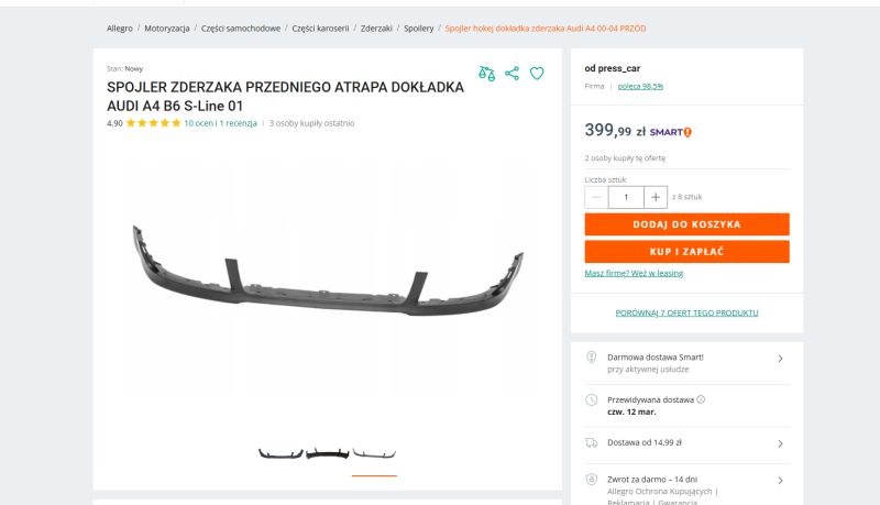 Zrzut strony Allegro z ofertą spojlera zderzaka przedniego Audi A4 B6 S-line 01