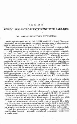 Strona z dokumentacji technicznej opisująca zespół spalinowo-elektryczny PAB 2-1/230, zawierająca charakterystykę techniczną urządzenia.