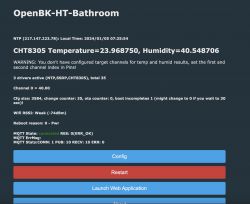 OpenBK app screen with incorrect temperature and humidity values.
