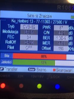 Ekran miernika sygnału satelitarnego z parametrami sygnału Hotbird