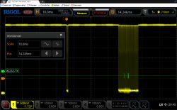 Rigol oscilloscope screenshot showing an RS232-TX waveform and a horizontal timebase settings panel.