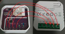 Internal connections of an energy metering module showing GND, IAP, IBP pins and screw terminals