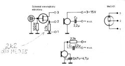Schemat podłączenia mikrofonu elektretowego ME055 i ME061 z kondensatorami i rezystorami.
