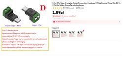 Zrzut ekranu oferty adaptera USB‑C z zielonym zaciskiem śrubowym 2‑pin i ceną 1,89 zł.