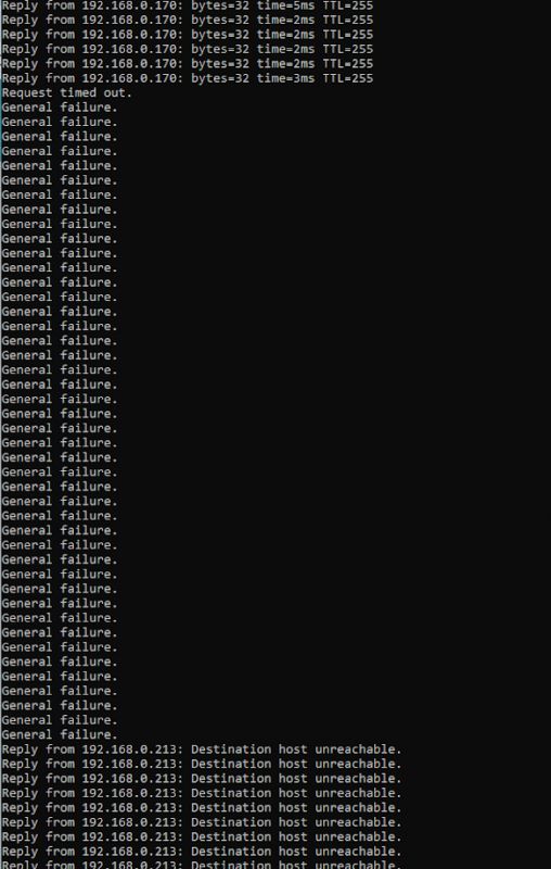 Screen showing ping command results with connection failures and network errors.