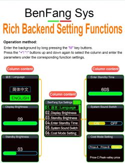 BenFang Sys system settings screen with setting descriptions and example menu screens in English and Chinese.