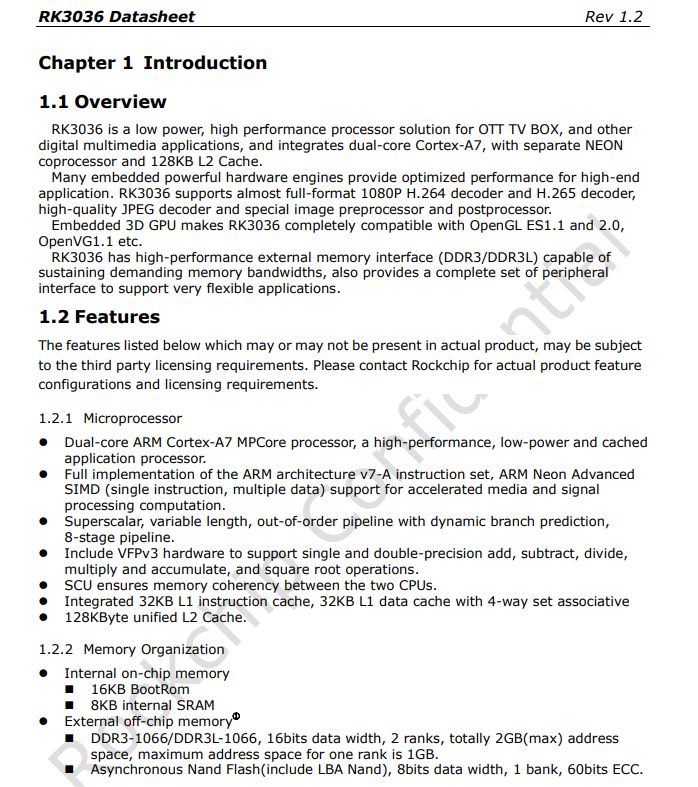 RK3036 Datasheet page showing Introduction and Features for a dual-core ARM Cortex-A7 processor