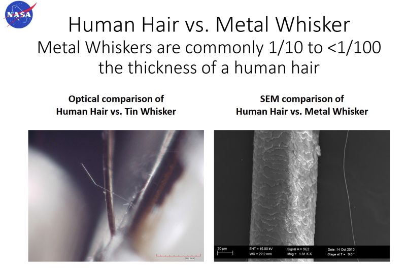 Optical and SEM comparison of human hair and tin whisker thickness