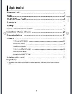 Strona spisu treści z instrukcji obsługi radia samochodowego Pioneer DEH-S520BT.