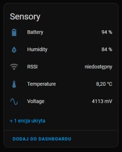 Screenshot of a sensor panel displaying battery status, humidity, temperature, and voltage information.