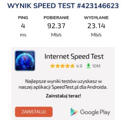 Zrzut ekranu z wynikami testu prędkości Internetu z aplikacją do pobrania.