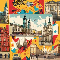 Colorful graphic depicting a city with architectural elements and artistic patterns.