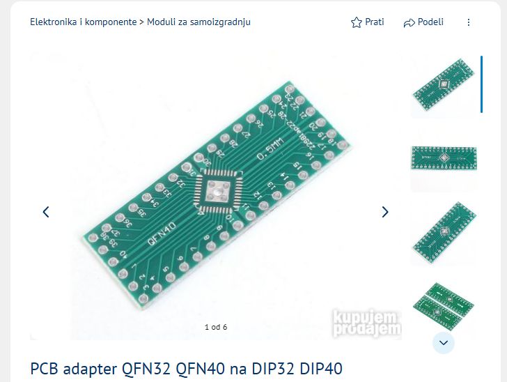 PCB Adapter QFN32/QFN40 to DIP32/DIP40 Green PCB adapter QFN32/QFN40 to DIP32/DIP40 with labeled pins and central chip pad.