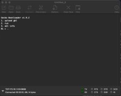 Terminal running Gecko Bootloader v1.9.2 with active TCP connection