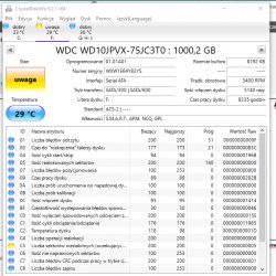 Zrzut ekranu programu CrystalDiskInfo pokazujący stan dysku HDD z ostrzeżeniem o niestabilnych sektorach.