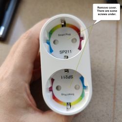 Smart plug SP211 in hand, with an annotation indicating the need to remove the cover to access screws.