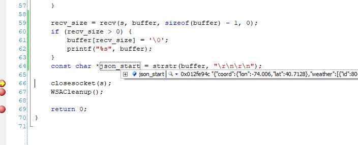 C Code Analysis in Visual Studio Screenshot of C code with Visual Studio debugger