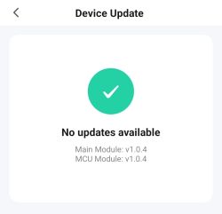 “Device Update” screen with green check mark and the message “No updates available”.