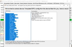 Extracting GPIO Configuration from Tuya Device in BK7231 Easy UART Flasher Screenshot of the BK7231 Easy UART Flasher program showing extracted device GPIO configuration in JSON and pin description.