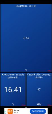 Zrzut ekranu z aplikacji diagnostycznej pokazujący korekty paliwowe i ciśnienie MAP.