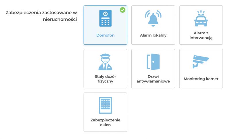 Icons showing various property security measures, including an intercom, alarms, surveillance, and physical guard.