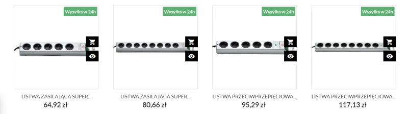 Cztery listwy zasilające w dwóch wariantach z różną ilością gniazd i cenami