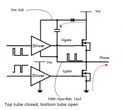 Bootstrap Capacitor Function in Converter Circuit Circuit diagram of a buck converter with a bootstrap capacitor and MOSFET transistors.