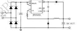 Application circuit diagram of the BP2525X for power rectification and regulation.