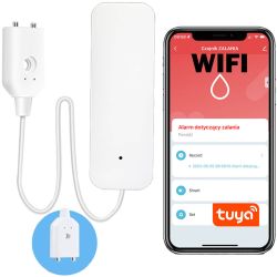 Czujnik zalania WiFi z aplikacją Tuya pokazującą alarm na smartfonie