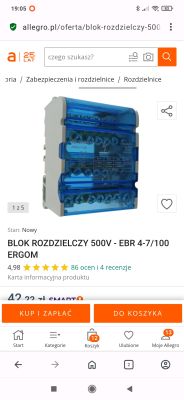 Blok rozdzielczy elektryczny 500V z przezroczystą niebieską pokrywą, model EBR 4-7/100 marki Ergom.