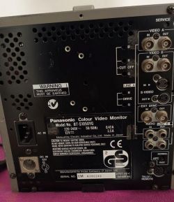 Tylna część monitora CRT Panasonic z różnymi wejściami i etykietami.