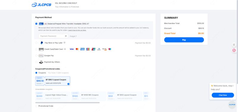JLCPCB payment screen with JLC Balance selected and discount coupon applied