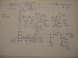 Hand-drawn schematic of an electronic circuit with various components.