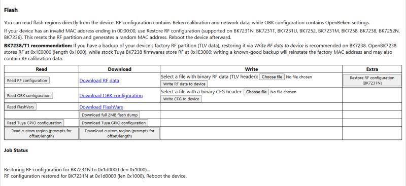 Screenshot of a “Flash” page with RF/OBK read-write table and “Restore RF configuration” button