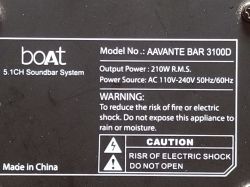 Information label on a boAt AVANTE BAR 3100D soundbar device.